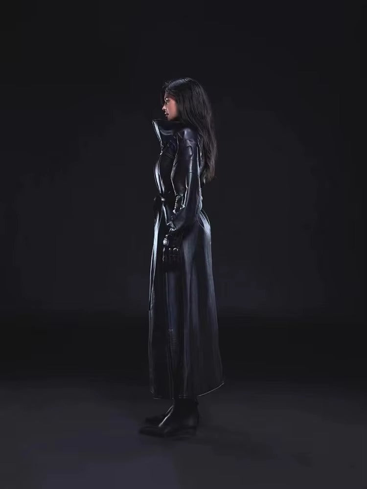 Pu Leather with Double Side High Slit Luxury Designer Runway Trench Coat