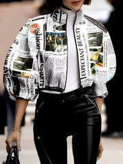 Casual Puff Sleeves Letter Print Going Out Short Outerwear Loose Jackets
