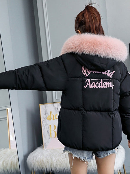 Puffer Coats Buttons Hooded Zipper Long Sleeves Color Block Casual Coat Outerwear