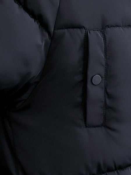 Puffer Coats Buttons Hooded Zipper Long Sleeves Color Block Casual Coat Outerwear