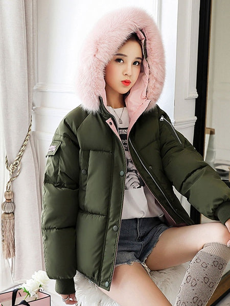 Puffer Coats Buttons Hooded Zipper Long Sleeves Color Block Casual Coat Outerwear