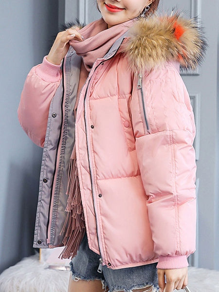 Puffer Coats Buttons Hooded Zipper Long Sleeves Color Block Casual Coat Outerwear