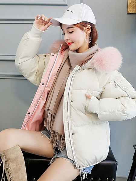 Puffer Coats Buttons Hooded Zipper Long Sleeves Color Block Casual Coat Outerwear