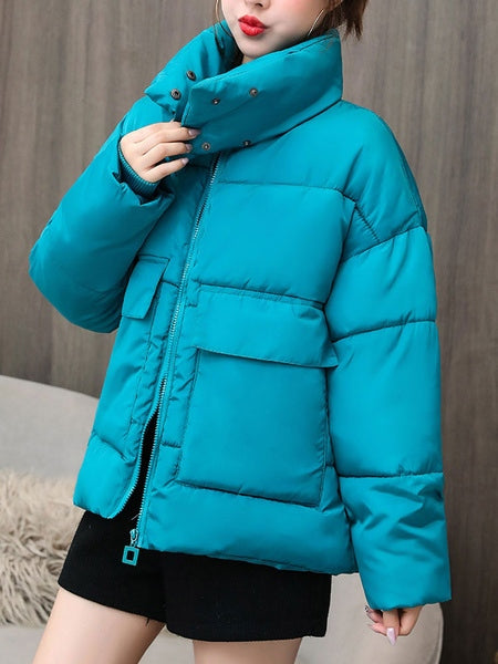 Puffer Stand Collar Long Sleeves Short Quilted Coat With Pockets