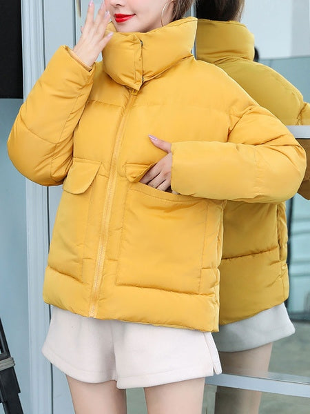 Puffer Stand Collar Long Sleeves Short Quilted Coat With Pockets