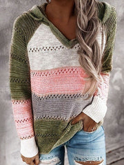Pullover Cut Out Stripes Hooded Long Sleeves Drawstring Short Sweaters