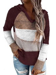 Pullover Cut Out Stripes Hooded Long Sleeves Drawstring Short Sweaters