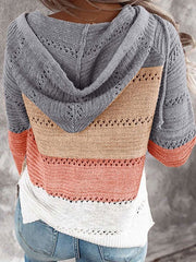 Pullover Cut Out Stripes Hooded Long Sleeves Drawstring Short Sweaters