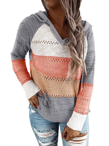 Pullover Cut Out Stripes Hooded Long Sleeves Drawstring Short Sweaters