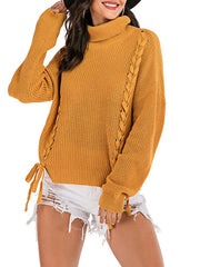 Pullover High Collar Long Sleeves Lace Up Acrylic Sweaters