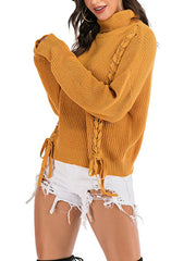 Pullover High Collar Long Sleeves Lace Up Acrylic Sweaters