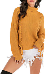 Pullover High Collar Long Sleeves Lace Up Acrylic Sweaters
