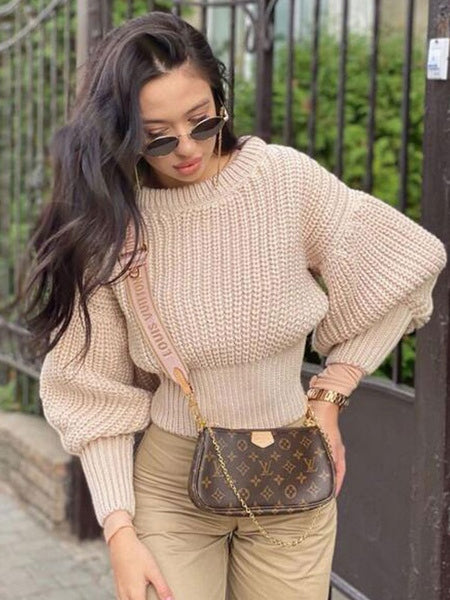 Pullover Jewel Neck Long Sleeves Stand Collar Acrylic Sweaters