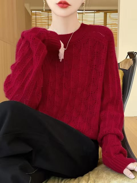 Pullover O-Neck Full Sleeve Loose Hollow Knit High Quality Cashmere Sweater