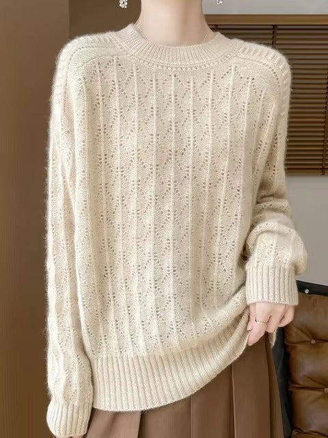 Pullover O-Neck Full Sleeve Loose Hollow Knit High Quality Cashmere Sweater