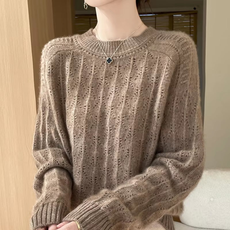 Pullover O-Neck Full Sleeve Loose Hollow Knit High Quality Cashmere Sweater