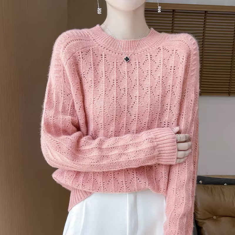 Pullover O-Neck Full Sleeve Loose Hollow Knit High Quality Cashmere Sweater