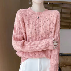 Pullover O-Neck Full Sleeve Loose Hollow Knit High Quality Cashmere Sweater