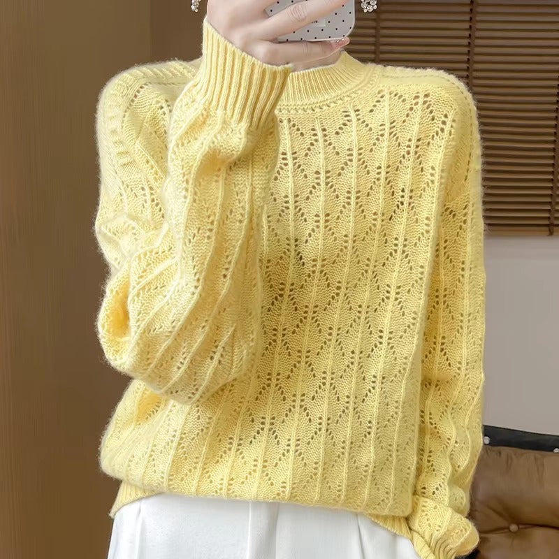 Pullover O-Neck Full Sleeve Loose Hollow Knit High Quality Cashmere Sweater