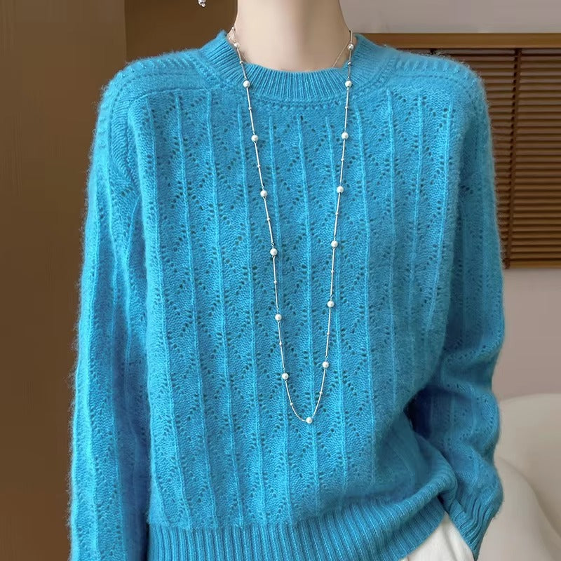 Pullover O-Neck Full Sleeve Loose Hollow Knit High Quality Cashmere Sweater