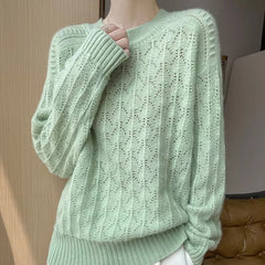 Pullover O-Neck Full Sleeve Loose Hollow Knit High Quality Cashmere Sweater