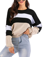 Pullover Round Neck Long Sleeves Stripes Sweaters