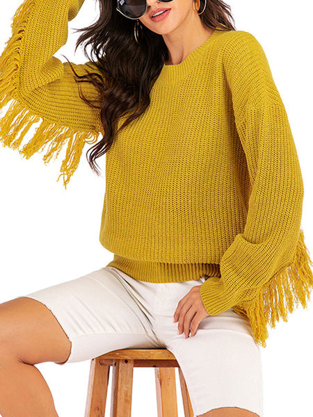 Pullovers Jewel Neck Long Sleeves Fringe Casual Acrylic Sweaters