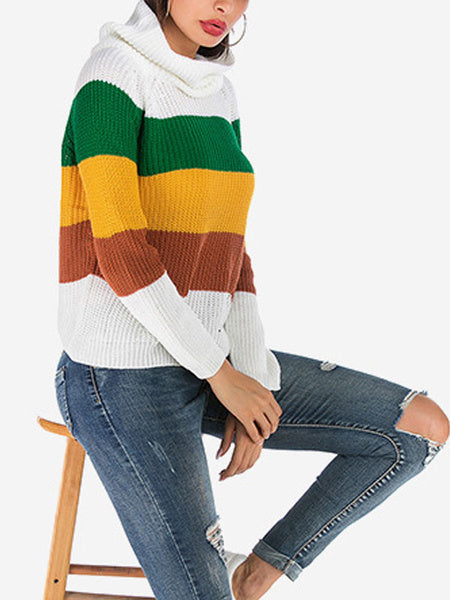Pullovers Stripes High Collar Long Sleeves Short Sweaters
