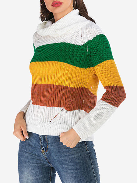 Pullovers Stripes High Collar Long Sleeves Short Sweaters