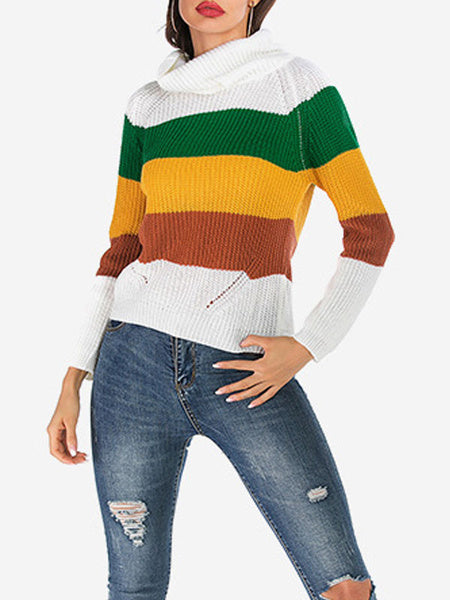 Pullovers Stripes High Collar Long Sleeves Short Sweaters