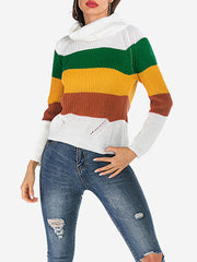 Pullovers Stripes High Collar Long Sleeves Short Sweaters