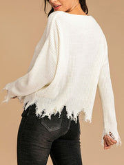 Pullovers V-Neck Long Sleeves Distressed Loose Casual Acrylic Sweaters
