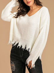 Pullovers V-Neck Long Sleeves Distressed Loose Casual Acrylic Sweaters