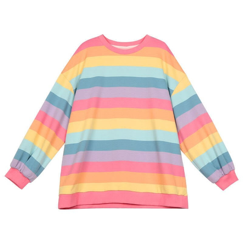 Rainbow Striped Long Sleeve Loose Thin Sweatshirt