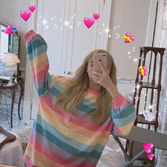 Rainbow Striped Long Sleeve Loose Thin Sweatshirt