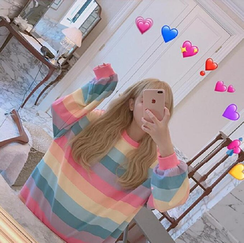 Rainbow Striped Long Sleeve Loose Thin Sweatshirt