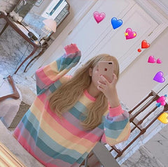 Rainbow Striped Long Sleeve Loose Thin Sweatshirt