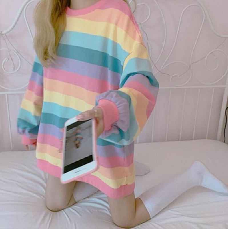 Rainbow Striped Long Sleeve Loose Thin Sweatshirt
