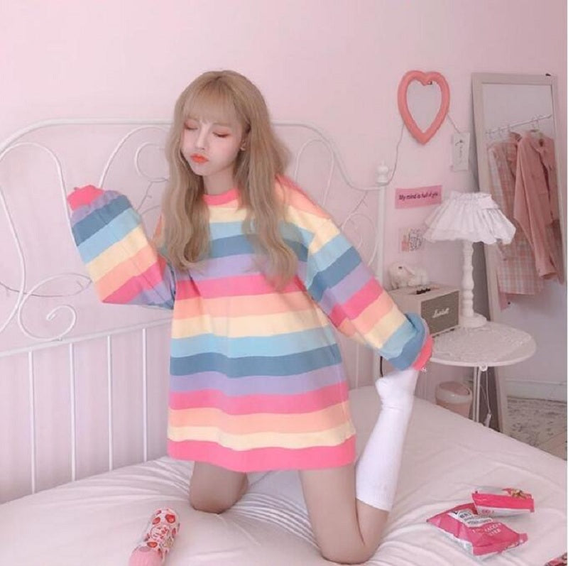 Rainbow Striped Long Sleeve Loose Thin Sweatshirt