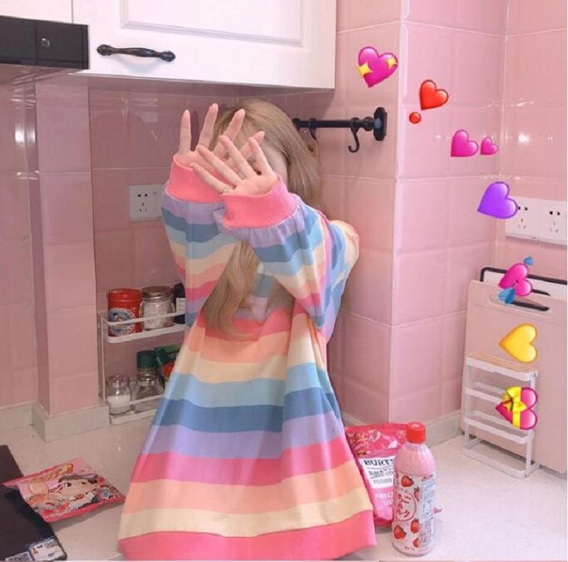 Rainbow Striped Long Sleeve Loose Thin Sweatshirt