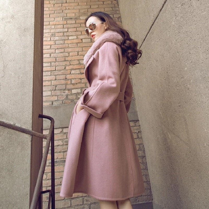 Real Fox Fur Collar Double Sided Cashmere Wool Coat