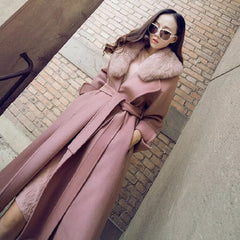 Real Fox Fur Collar Double Sided Cashmere Wool Coat