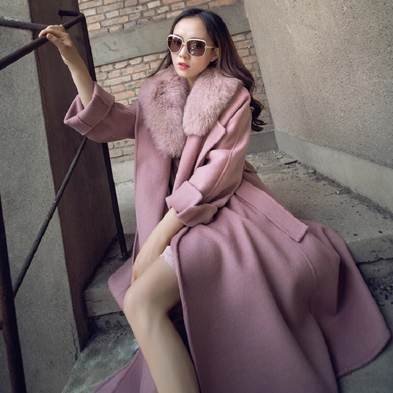 Real Fox Fur Collar Double Sided Cashmere Wool Coat