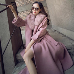 Real Fox Fur Collar Double Sided Cashmere Wool Coat