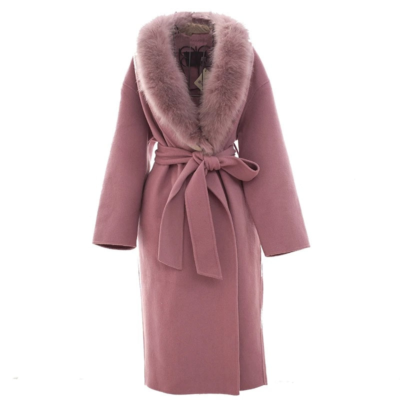 Real Fox Fur Collar Double Sided Cashmere Wool Coat