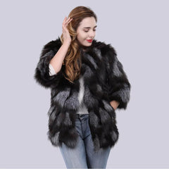 Real Natural Silver Fox Fur Genuine Luxury Outerwear Half Sleeve Jacket
