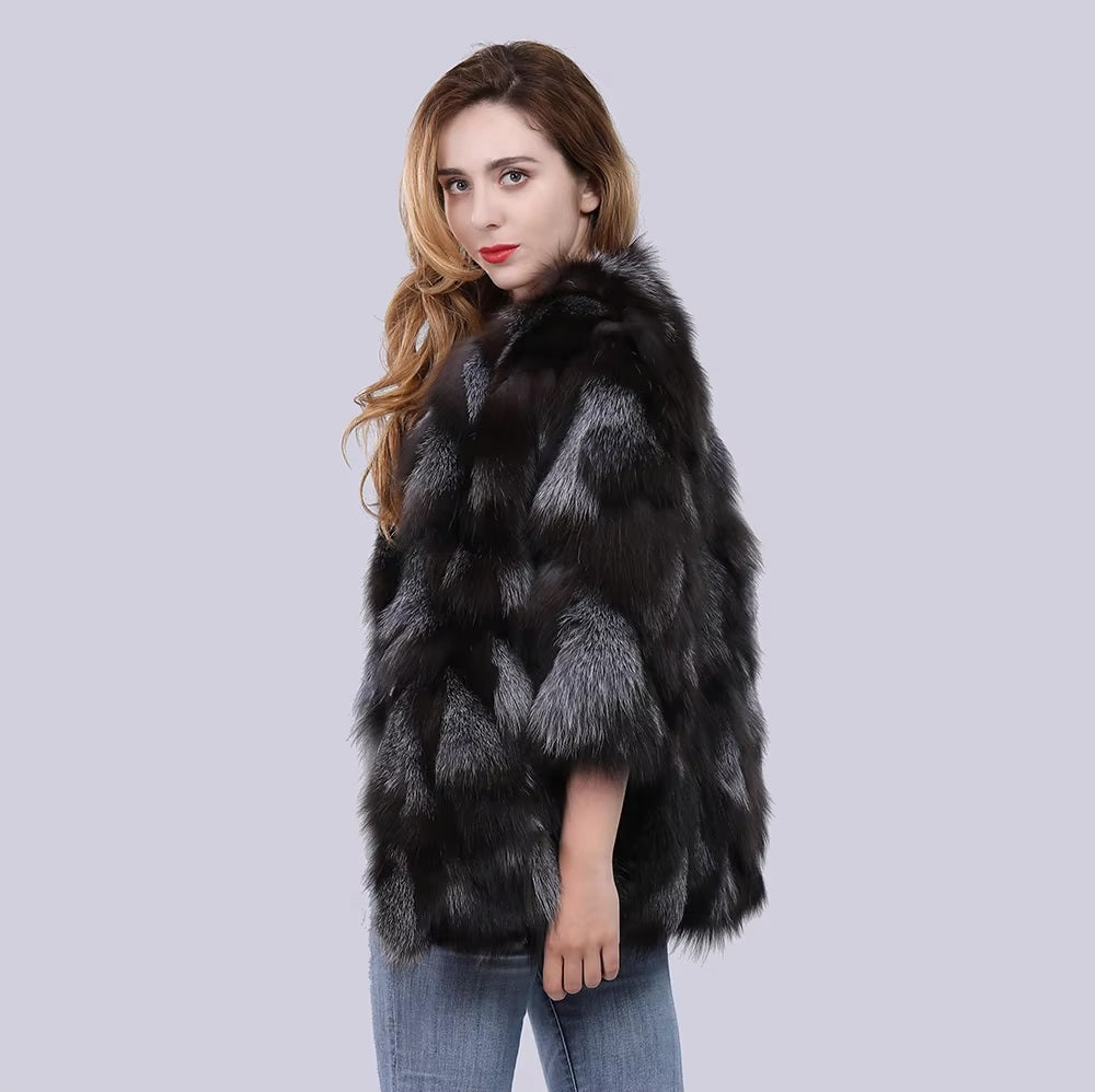 Real Natural Silver Fox Fur Genuine Luxury Outerwear Half Sleeve Jacket