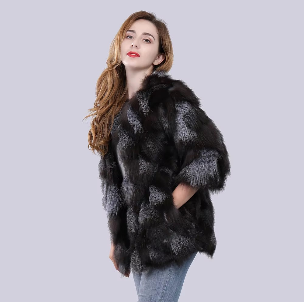 Real Natural Silver Fox Fur Genuine Luxury Outerwear Half Sleeve Jacket