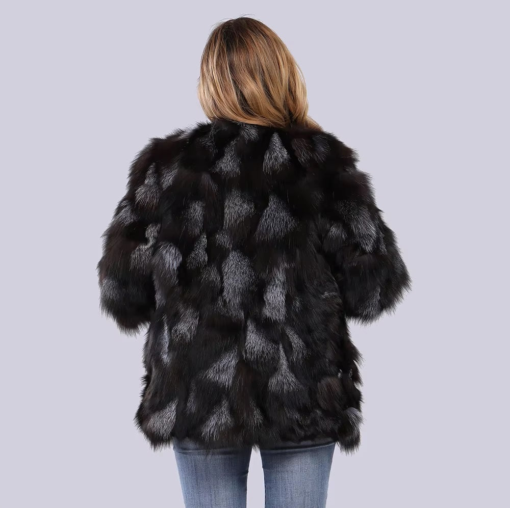 Real Natural Silver Fox Fur Genuine Luxury Outerwear Half Sleeve Jacket