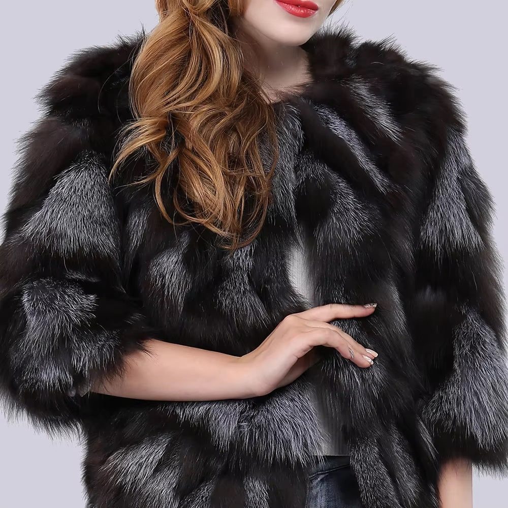 Real Natural Silver Fox Fur Genuine Luxury Outerwear Half Sleeve Jacket